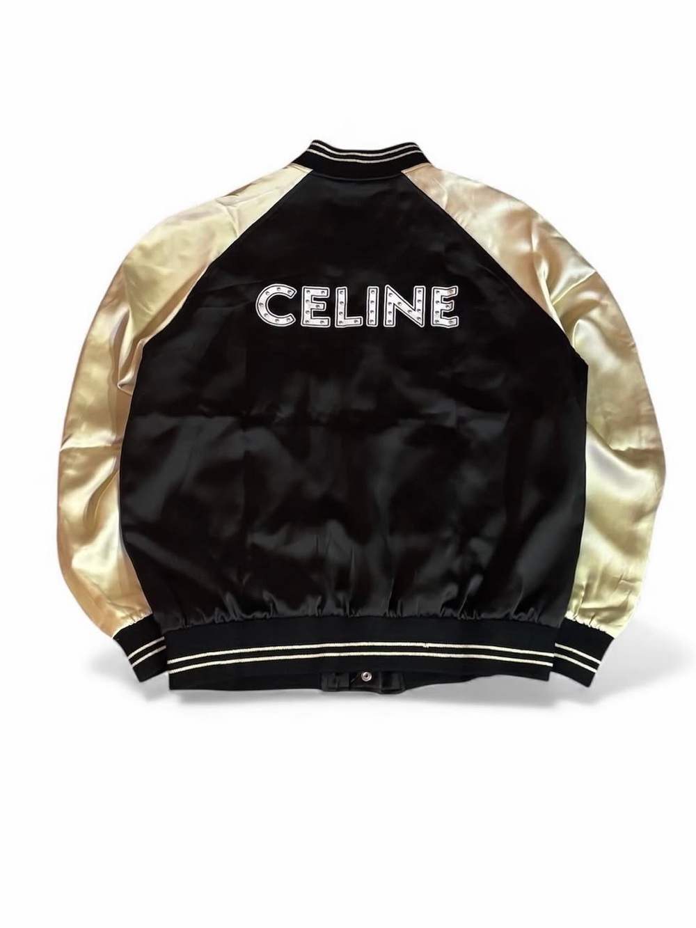 Celine Black and Champagne Satin Bomber Jacket